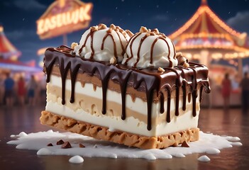 Decadent multi layered chocolate ice cream cake with toppings at a carnival