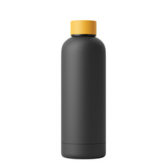 Yellow Lid Black Body 500ml Reusable Matte Metal Vacuum Bottle Isolated on Transparent Background.