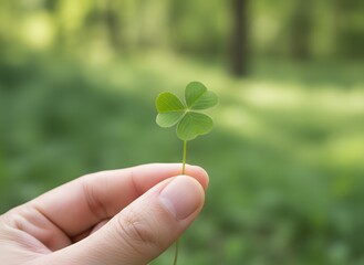 finger delicately holding a small, vibrant green shamrock or three-leaf clover