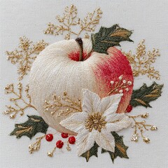 A apple transformed into a hyper-realistic faux yarn embroidered design on a pure white background. Generative AI.