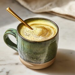 Green ceramic Cup of coffee with milk. Generative AI.