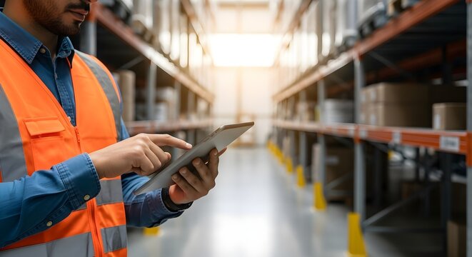 Logistics Worker Managing Inventory with Digital Tablet in Modern Warehouse
