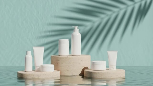 Modern bathroom setup with natural skincare bottles and spa accessories on a table, representing beauty wellness and minimalist home decor