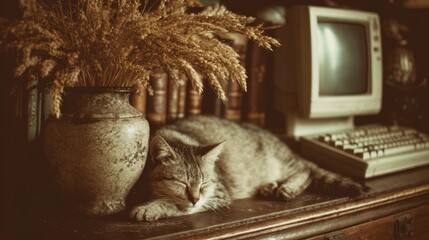 Cat resting on vintage furniture