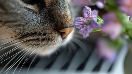 Cat sniffing flower closeup