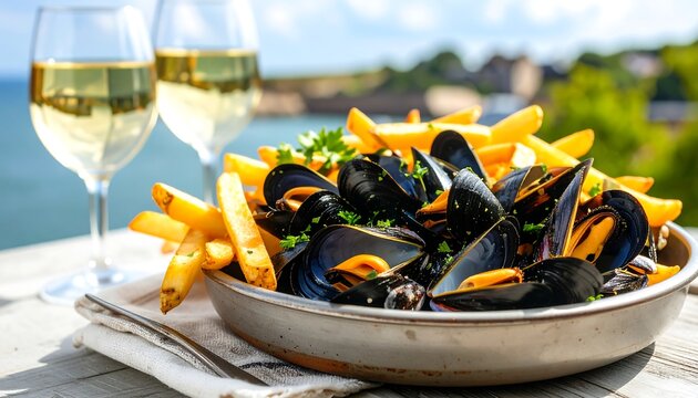 Moules frites and white wine with a sea view