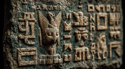 Ancient Egyptian Stone Carving with Hieroglyphs and Mythological Creature Depiction