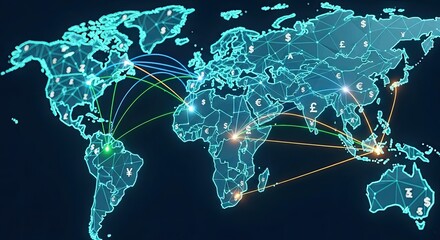 Global business connections shining brightly with money symbols on a modern world map, perfect for international finance and investment concepts
