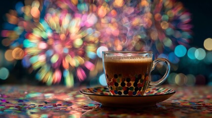 Coffee cup fireworks background