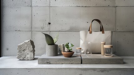 Minimalist Concrete Table Decor with Potted Plants and Glassware in Modern Neutral Setting