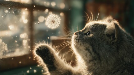 Cute cat playing with dandelion