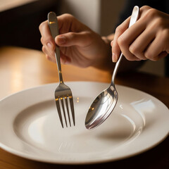 A person's hands holding a shiny metal fork and spoon over a clean, empty white ceramic plate on a wooden table.