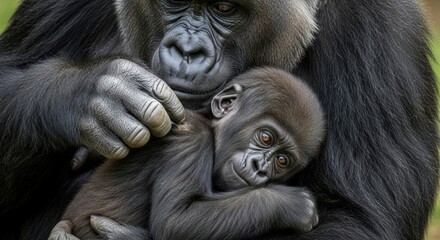 A gorilla tenderly holds a baby gorilla 