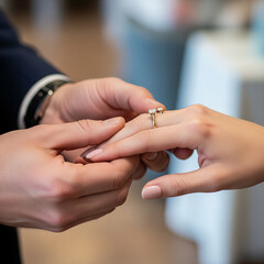 Close-up of a groom placing a gold wedding ring on the bride's finger during a marriage ceremony.