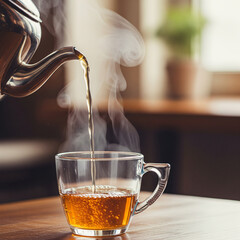 Close-up shot of a clear glass cup being filled with hot tea from a metal teapot.