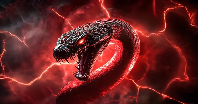 A menacing red serpent with glowing eyes emerges amidst dark stormy clouds and lightning