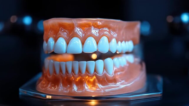 Dentures on display Top and bottom set with white teeth and translucent gums