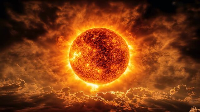 Fiery sun ablaze amidst smoky clouds, intense heat and light radiates