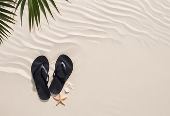 Black flip flops and starfish on a sandy beach with palm fronds overhead