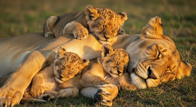 A lioness lies on her side with three adorable