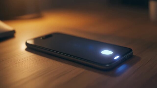 A modern smartphone rests on a wooden table, its screen illuminated by a glowing blue biometric fingerprint sensor for secure access
