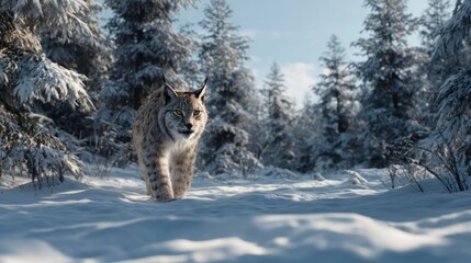 Lynx walking through snowy forest