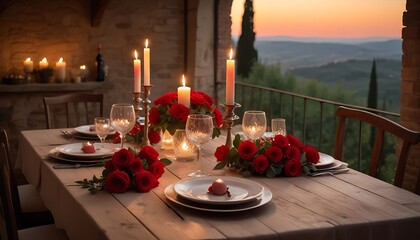 Romantic candlelit dinner table set for two with a scenic sunset view