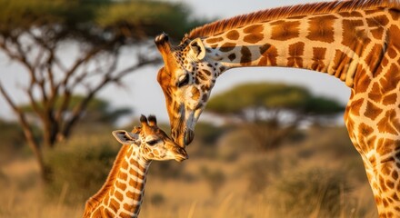 An adult giraffe gently touches noses 