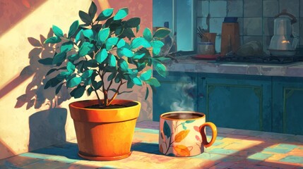 Plant and coffee cup in sunny kitchen
