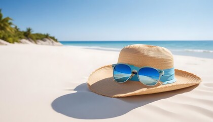 Straw hat and sunglasses resting on a sandy beach with ocean in the background