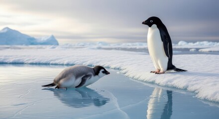 Obraz premium Two penguins interact on icy landscape 