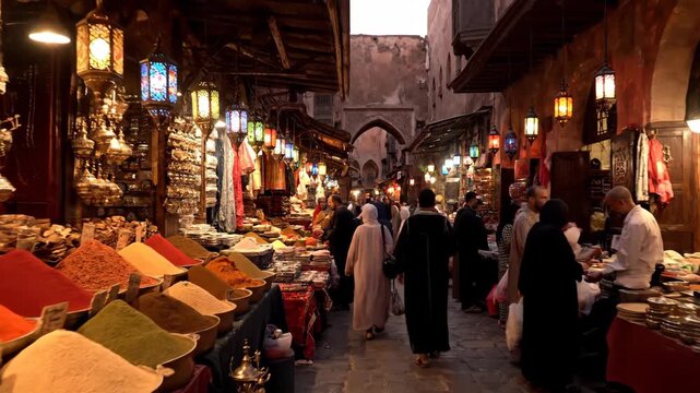 Crowded Traditional Moroccan Souk with Colorful Spices and Lanterns.