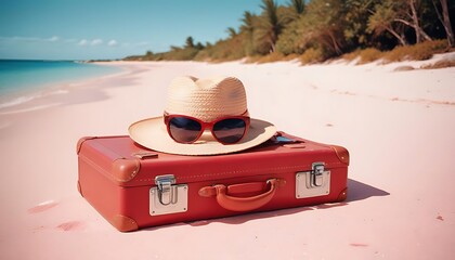 Vintage suitcase with straw hat and sunglasses on a tropical beach