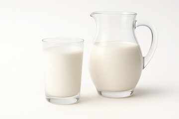 Chilled clear glass of milk with fine condensation beads next to a transparent jug minimal dairy studio on white