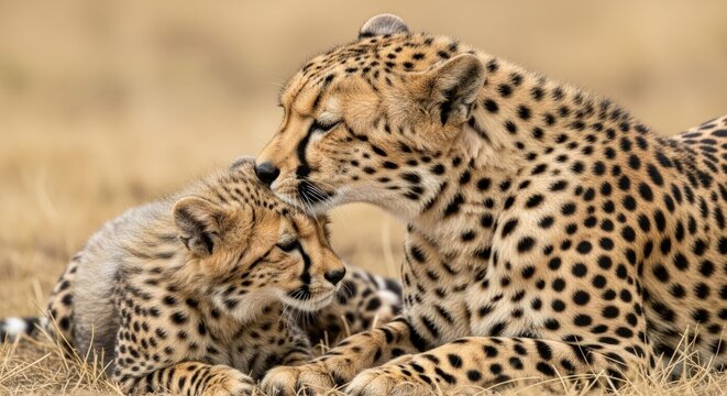 Cheetah mother and cub lying in savannah grass