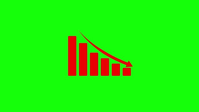 Red bar graph falling down with red arrow indicating decline on green screen background.