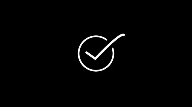 Simple white check mark icon animated on black background. clean design element for approval. Check mark symbol approval success concept. Verification icon validation quality achievement goal.