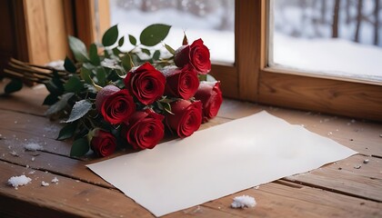 Red roses and blank card on a wooden windowsill with winter view