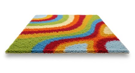 A colorful, shaggy rug with a wavy, abstract rainbow pattern on a white background.
