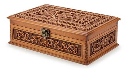 A beautifully carved wooden box with intricate floral patterns and a metal clasp.