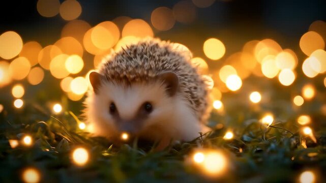 Hedgehog foraging in grass amidst bokeh lights