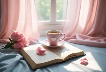 Cozy morning with coffee and roses next to an open book by the window