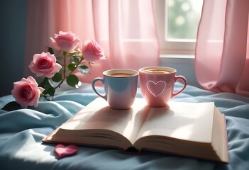 Cozy morning with coffee roses and an open book on a bed