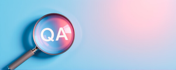 Magnifying glass focusing on QA letters symbolizing quality assurance, inspection, and software testing on a modern gradient background, ideal for tech and development projects.