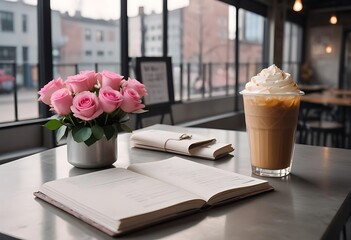 Cozy cafe scene with iced coffee open book and pink roses