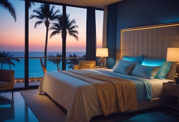Luxury hotel bedroom with ocean view at sunset and palm trees