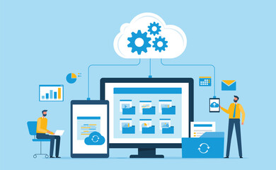 flat vector illustration design technology cloud computer concept. data center and online server backup service. with administration team working and manage file document  connect to cloud backup
