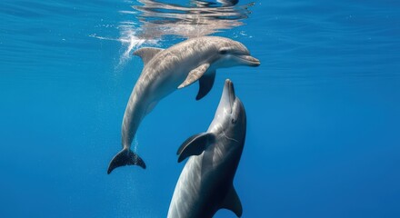 Naklejka premium Two dolphins swimming underwater in clear blue