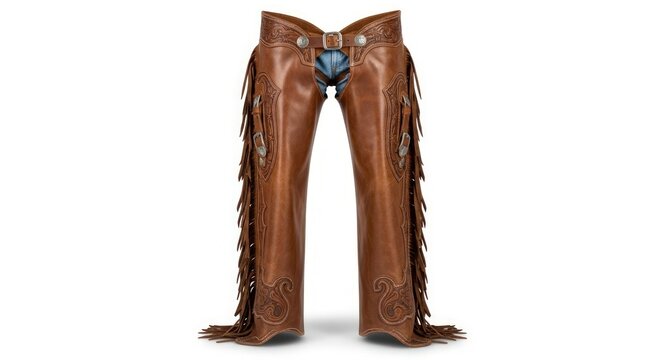 A pair of ornate brown leather chaps with fringe detailing and decorative stitching, worn over denim jeans.