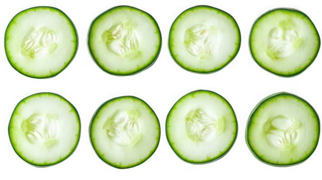 A symmetrical arrangement of eight cucumber slices with a black background in a close up view